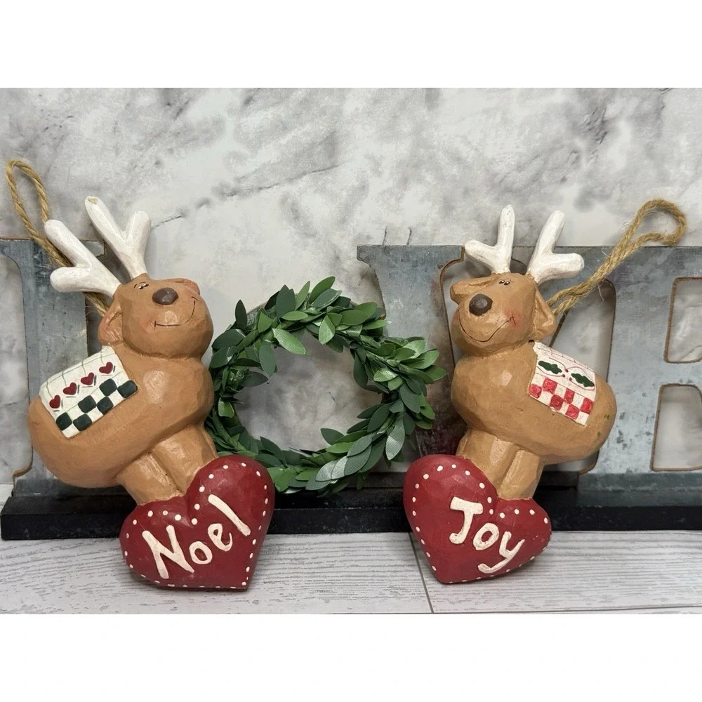 Vintage Midwest Eddie Walker Hanging Ornament Noel and Joy Reindeers Set‎ of Two